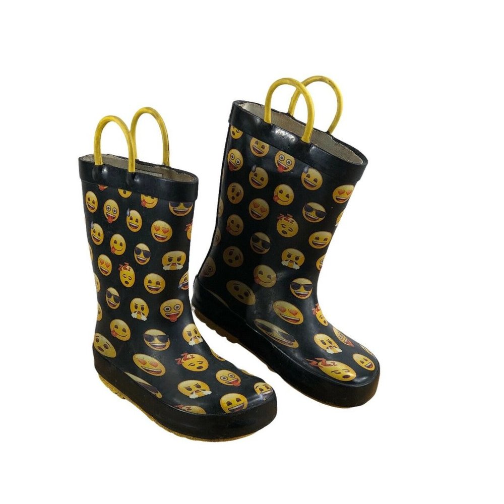 Cat & Jack Emoji Print Rain Mud Boots Size 7/8 Pull-On Youth Boys/Girls Black